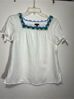 NWT Talbots Linen Blend white Crochet Knit Colllar Tie Sleeve Top Petite Size S